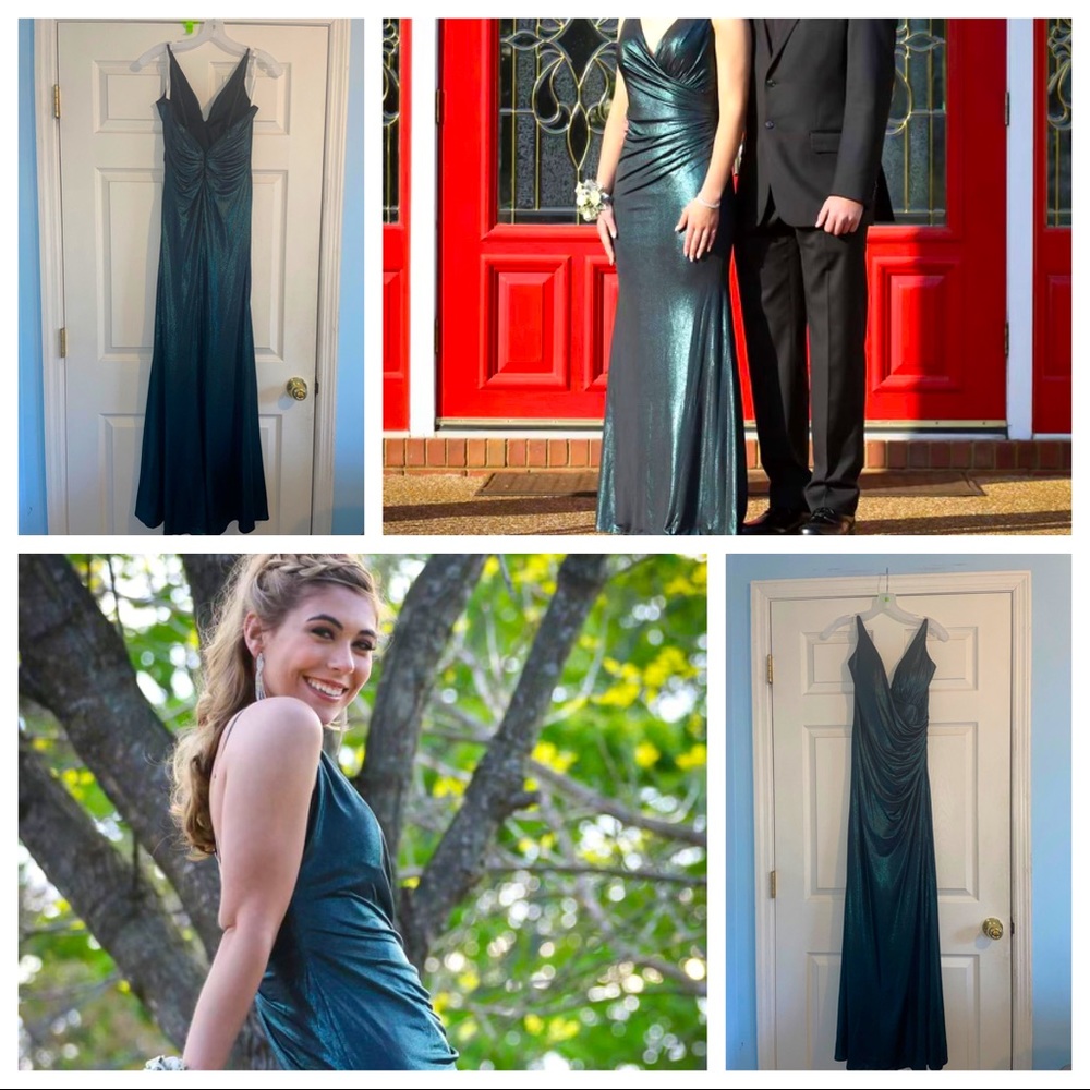 David’s Bridal green prom dress, size: 6, no alterations, fitted, maxi dress.